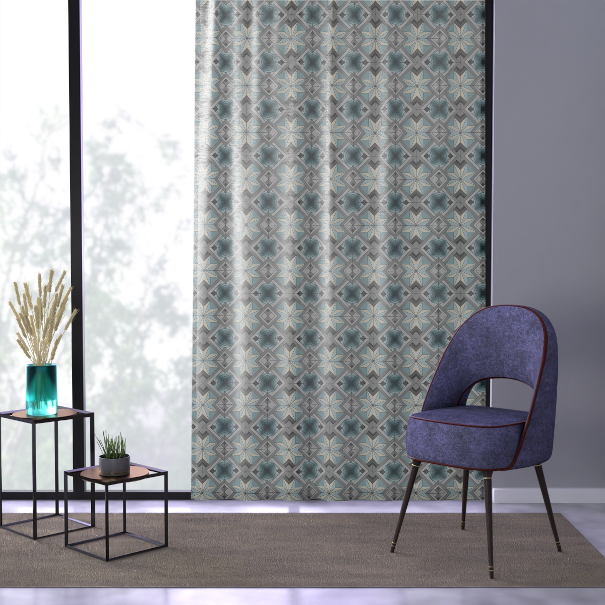Geometric Blue Sheer Window Curtain - Soft Moroccan Tile Pattern
