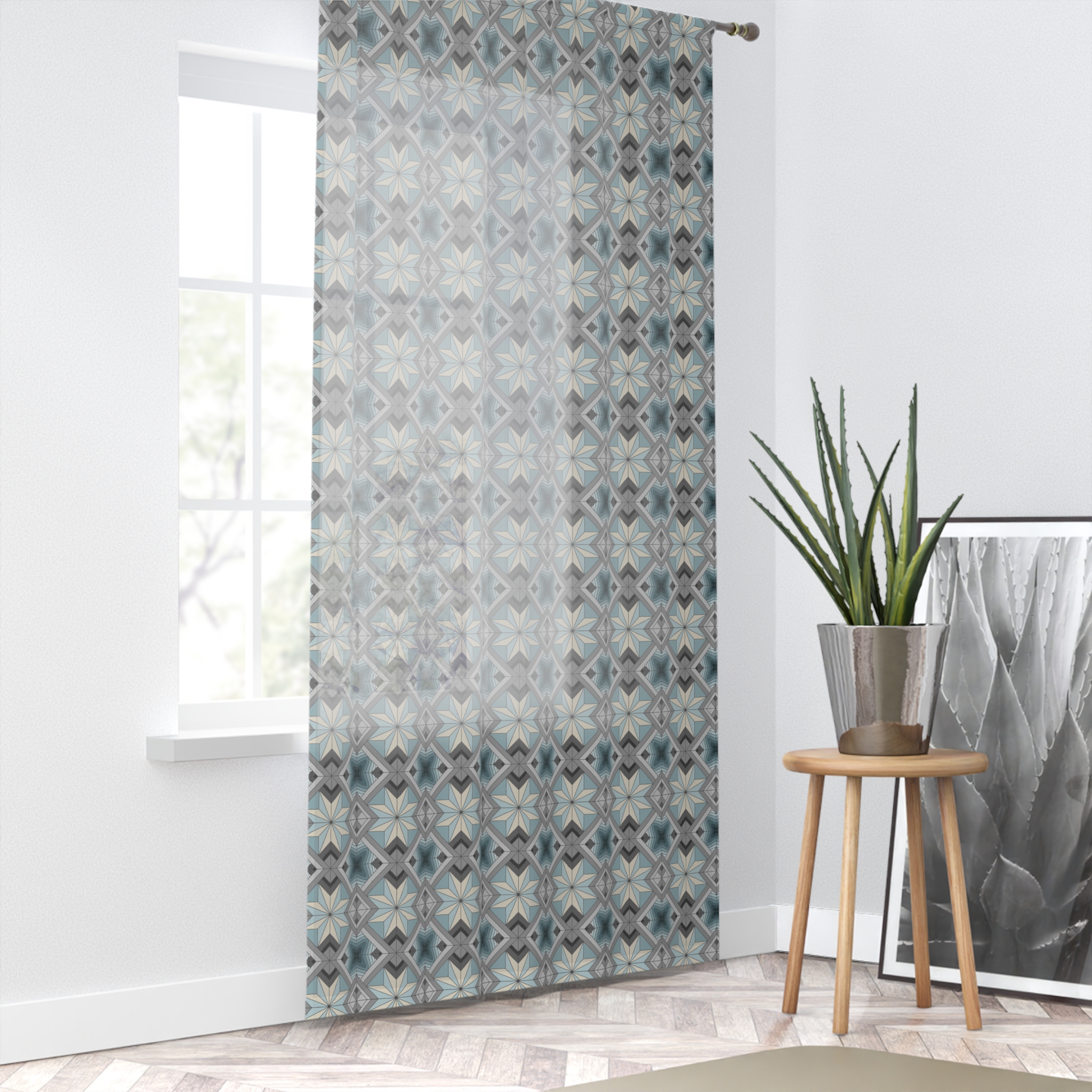 Geometric Blue Sheer Window Curtain - Soft Moroccan Tile Pattern - Image 3