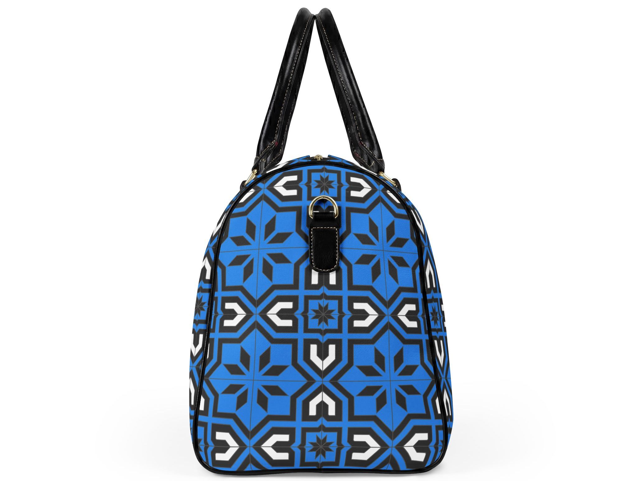 Blue Geometric Leather Travel Bag – Patterned Duffle for Weekend Getaways - Image 2