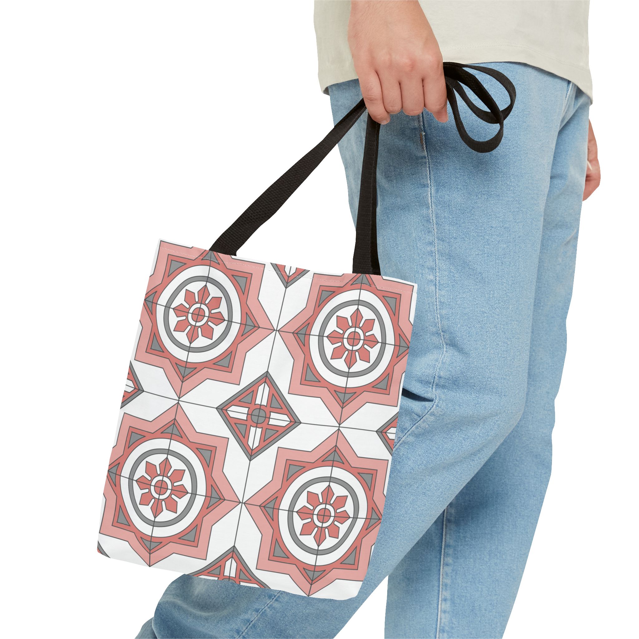 Mediterranean Tile Pattern Tote Bag — Pink Geometric All-Over Print - Image 2