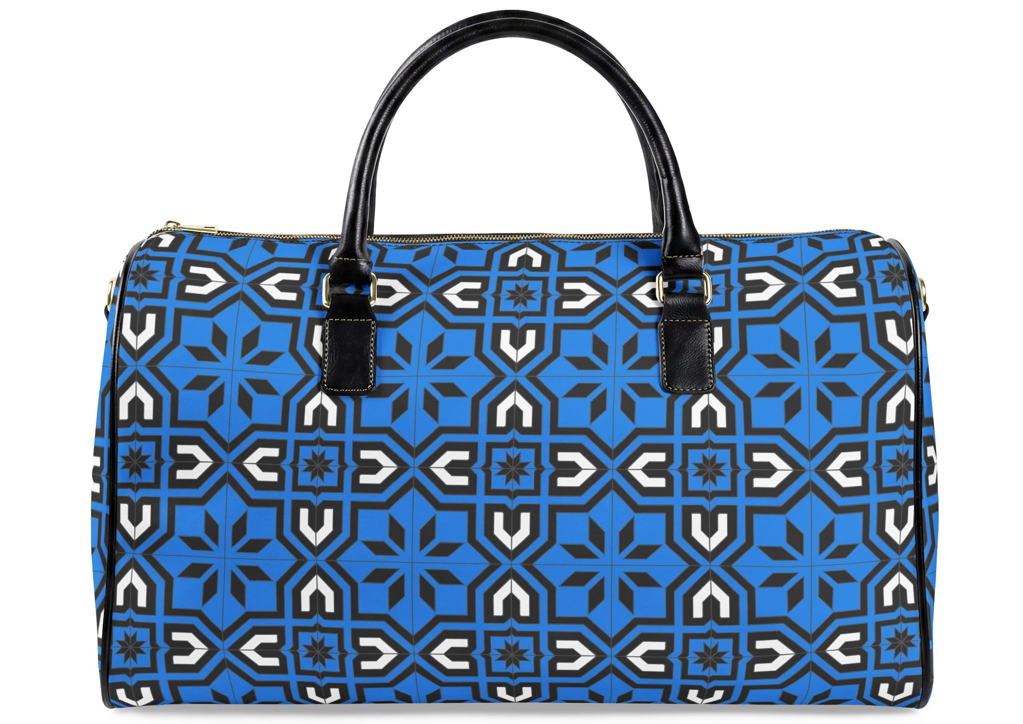 Blue Geometric Leather Travel Bag – Patterned Duffle for Weekend Getaways